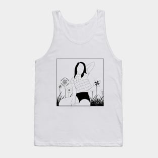 MINIMALIST GIRL PORTRAIT IN A BOX FLOWERS BLACK AND WHITE LINEART Tank Top